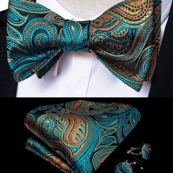 Men Bow Tie Paisley Striped Self-Bow Tie for Men and Silk Woven Bowtie Pocket Sq - Picture 2 of 6